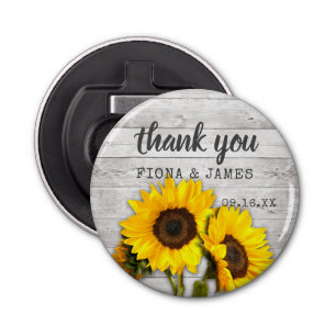 Rustic Wood Texture Sunflower Wedding Thank You Bottle Opener