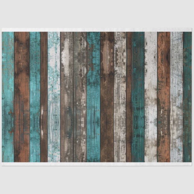 Rustic Wood Texture Teal and Brown Decoupage Tissue Paper (Front)