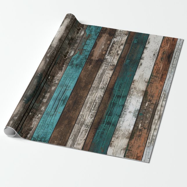 Rustic Wood Texture Teal and Brown Decoupage Wrapping Paper (Unrolled)