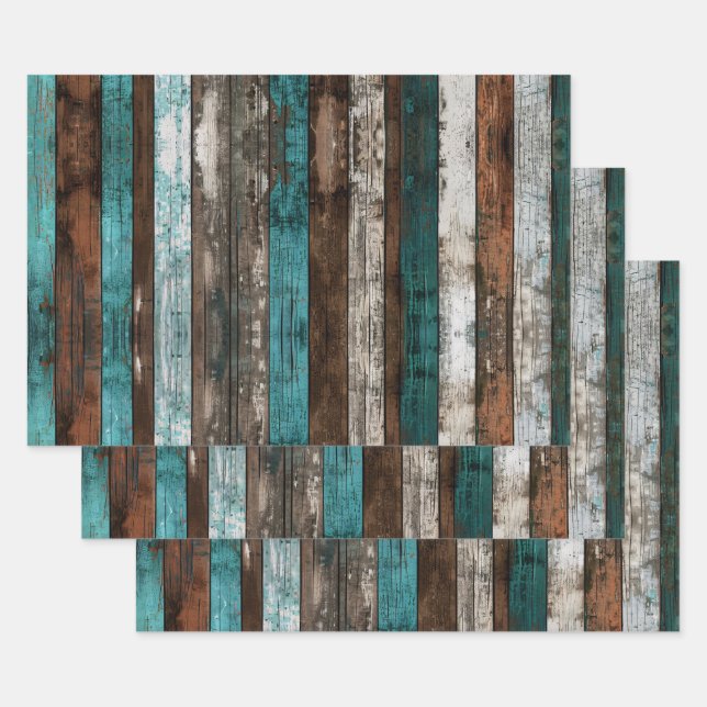 Rustic Wood Texture Teal and Brown Decoupage Wrapping Paper Sheet (Set)
