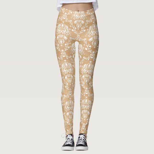 Rustic Wood Texture with White Damask Pattern Leggings (Front)