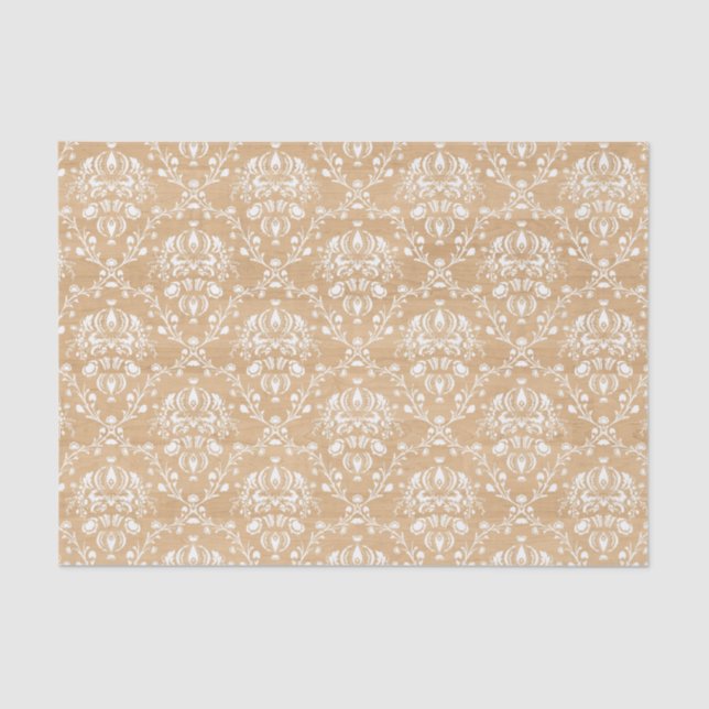 Rustic Wood Texture with White Damask Tissue Paper (Front)