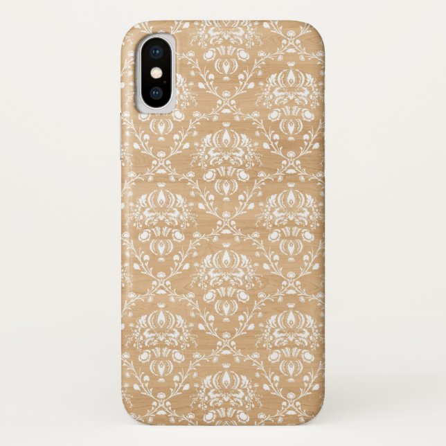 Rustic Wood Texture with White Floral Damask Case-Mate iPhone Case (Back)