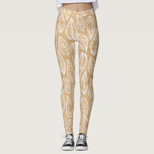 Rustic Wood Texture with White Leaves Pattern Leggings
