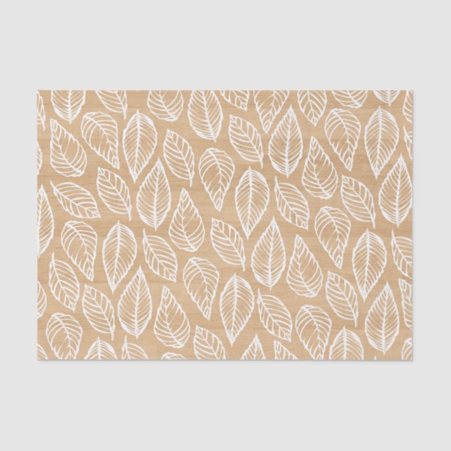 Rustic Wood Texture with White Leaves Pattern Tissue Paper (Front)
