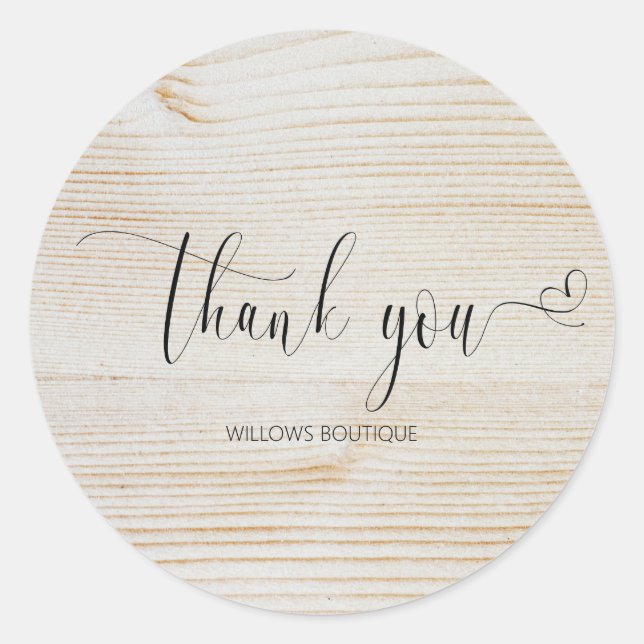 Rustic Wood Thank You Calligraphy Classic Round Sticker (Front)