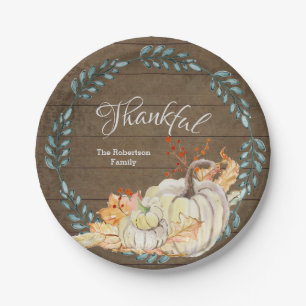 Rustic Wood Thankful Family Watercolor Pumpkin Paper Plate