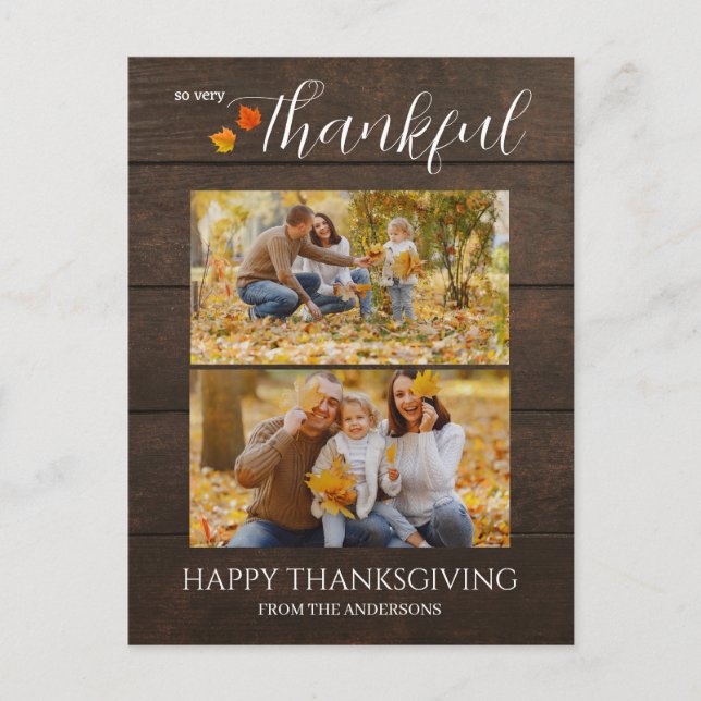 Rustic Wood | Thankful thanksgiving family 2 photo Holiday Postcard (Front)