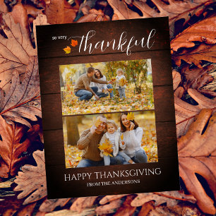 Rustic Wood Thankful thanksgiving family 2 photo Holiday Postcard
