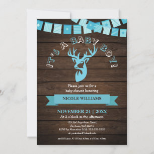 Rustic Wood Theme Blue Deer Baby Boy Shower Invitation
