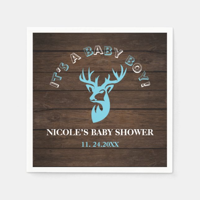 Rustic Wood Theme Blue Deer Baby Boy Shower Napkin (Front)