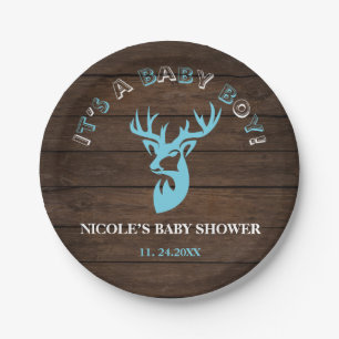 Rustic Wood Theme Blue Deer Baby Boy Shower Paper Plate