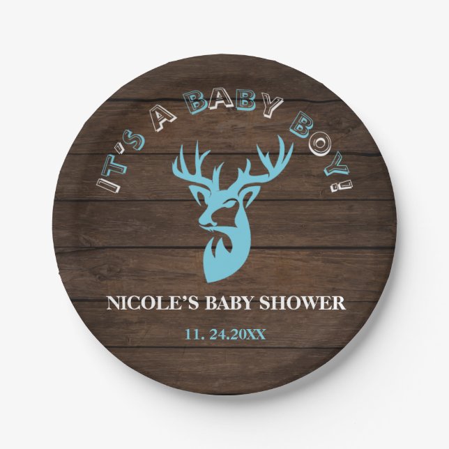 Rustic Wood Theme Blue Deer Baby Boy Shower Paper Plate (Front)