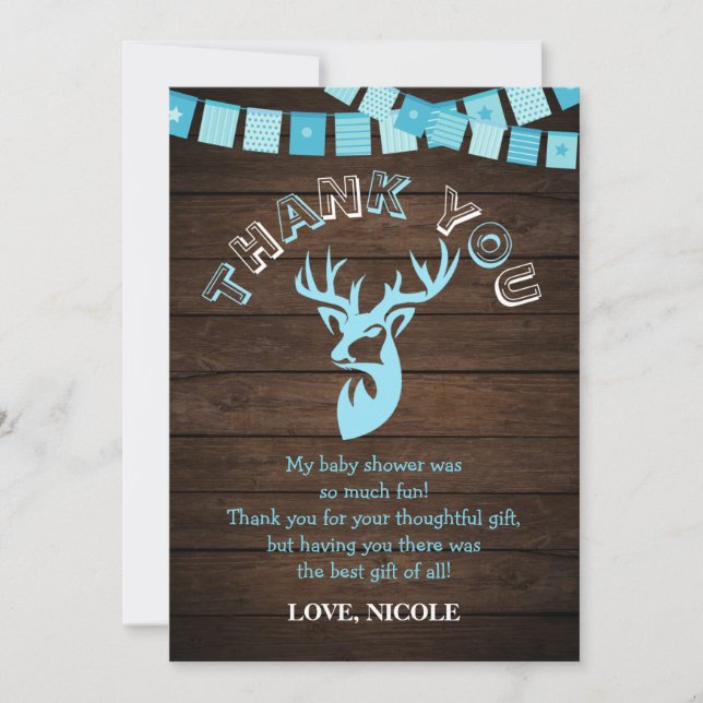 Rustic Wood Theme Blue Deer Baby Boy Shower Thank You Card (Front)