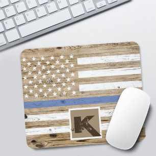 Rustic Wood Thin Blue Line USA Flag Monogram Mouse Mat