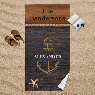 Rustic Wood Tone Coastal Anchor Nautical Monogram  Beach Towel