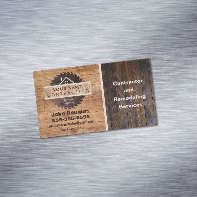 Rustic Wood Tone Contractor Logo Business Card Mag (In Situ)