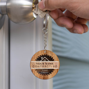 Rustic Wood Tone Contractor Logo Key Ring