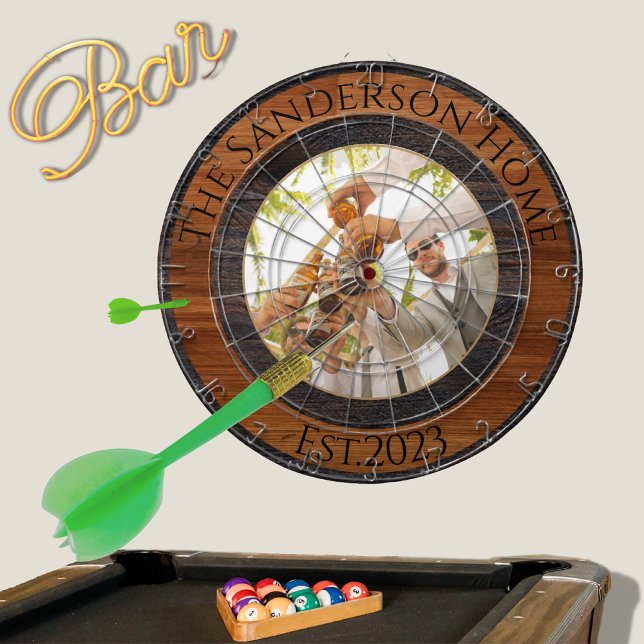 Rustic Wood Tone Family Name Photo Dartboard (Creator Uploaded)
