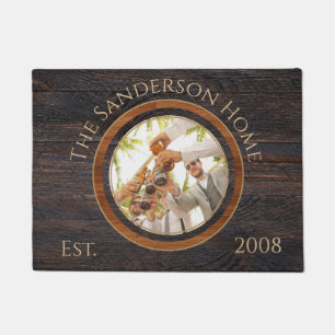 Rustic Wood Tone Family Name Photo Doormat