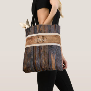 Rustic Wood Tone Monogram Horizontal Stripe Tote Bag