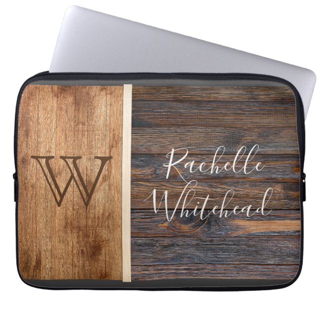 Rustic Wood Tone Monogram Laptop Sleeve (Front)
