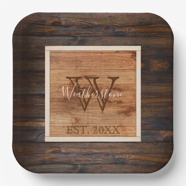 Rustic Wood Tone Monogram Large Paper Plate (Front)