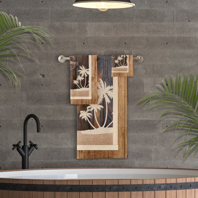 Rustic Wood Tone Monogram Palms Beach Bath Towel Set (Creator Uploaded)