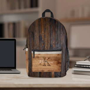 Rustic Wood Tone Monogram Printed Backpack