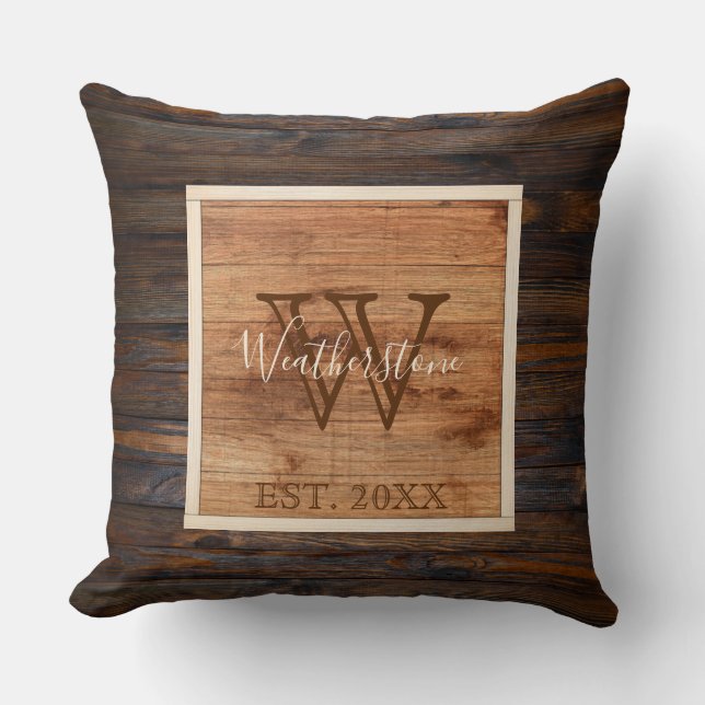 Rustic Wood Tone Monogram Square Design Cushion (Front)