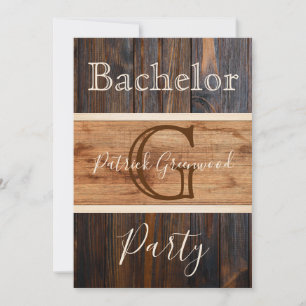 Rustic Wood Tone Monogram Stripe Bachelor Party Invitation