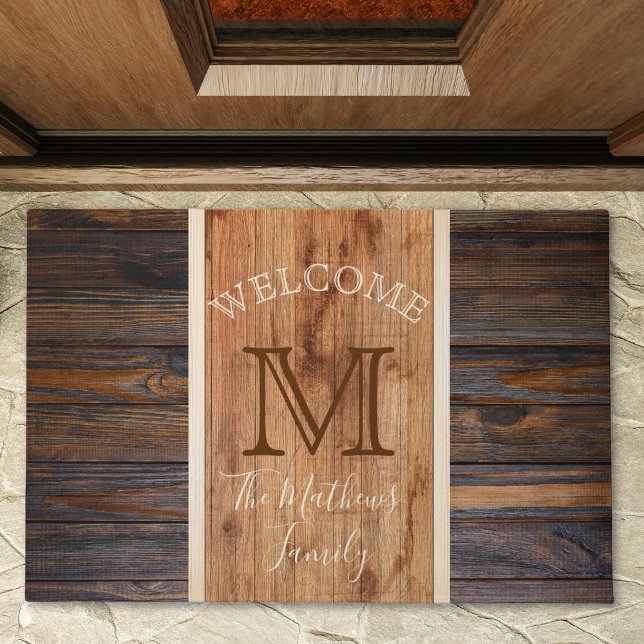Rustic Wood Tone Monogram Stripe Design Doormat (Creator Uploaded)