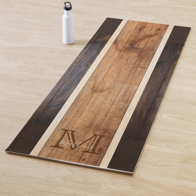 Rustic Wood Tone Monogram Stripe Design Yoga Mat (In Situ)