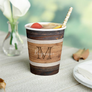 Rustic Wood Tone Monogram Stripe Paper Cups