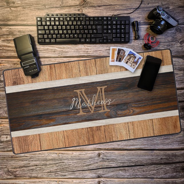 Rustic Wood Tone Monogram Stripe Tan Desk Mat (Creator Uploaded)