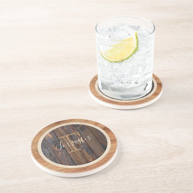 Rustic Wood Tone Round Monogram Coaster (Side)