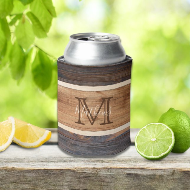 Rustic Wood Tone Stripe Monogram Can Cooler (Creator Uploaded)
