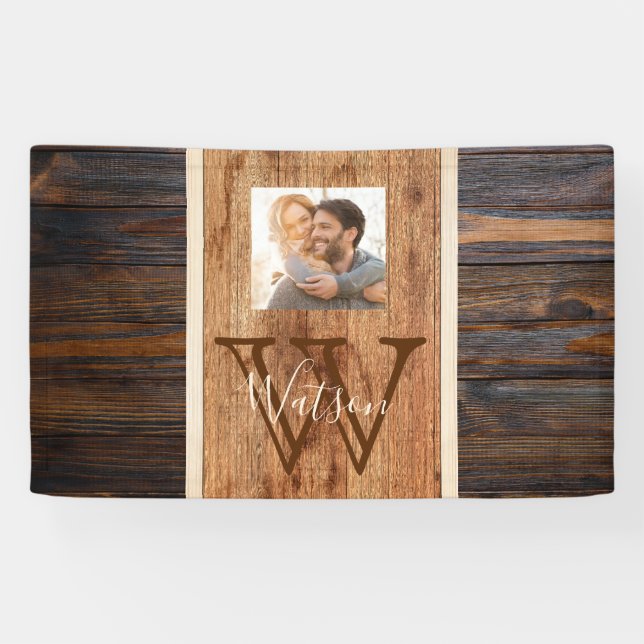 Rustic Wood Tone Stripe Monogram Photo  Banner (Horizontal)