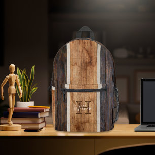 Rustic Wood Tone Stripe Monogram Printed Backpack