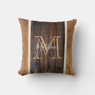 Rustic Wood Tones Monogram Stripe Cushion