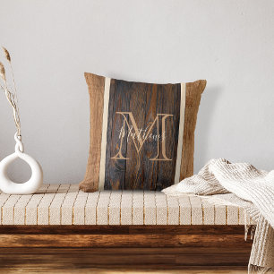 Rustic Wood Tones Stripe Monogram Throw Pillow