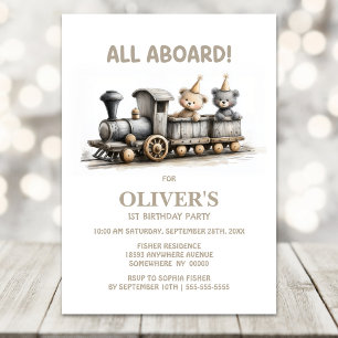 Rustic Wood Train Teddy Bear 1st Birthday Party Invitation