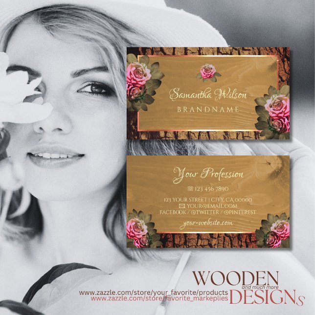 Rustic Wood Tree Bark Floral Blooming Pink Roses Business Card (Creator Uploaded)