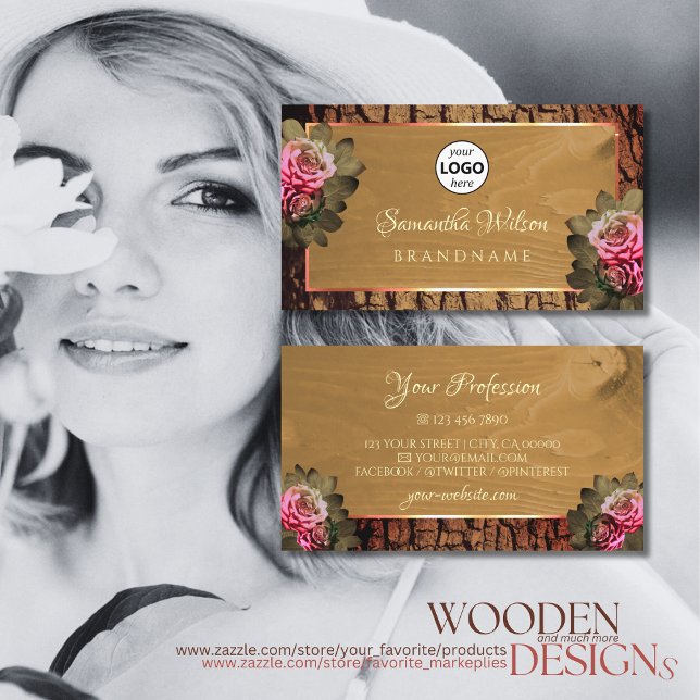 Rustic Wood Tree Bark Floral Blooming Roses Logo Business Card (Creator Uploaded)