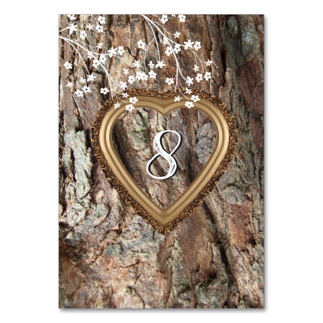 Rustic Wood, Tree Bark, Heart, Custom, Table Number (Front)