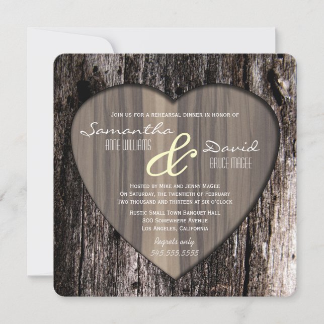 Rustic Wood Tree Bark Heart Rehearsal Dinner Invitation (Front)