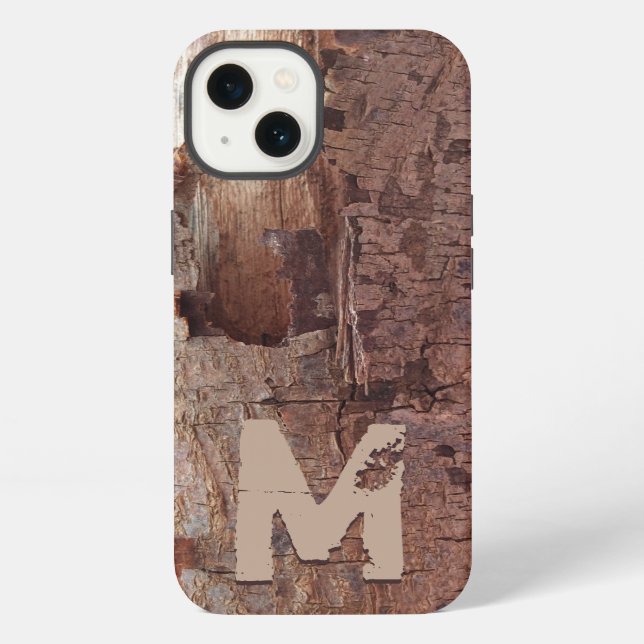 Rustic Wood Tree Bark Monogram Initial iPhone Case (Back)