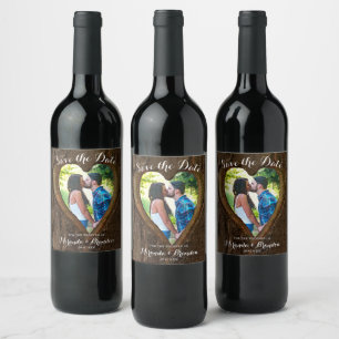 Rustic Wood Tree Heart Photo Wedding Wine Label