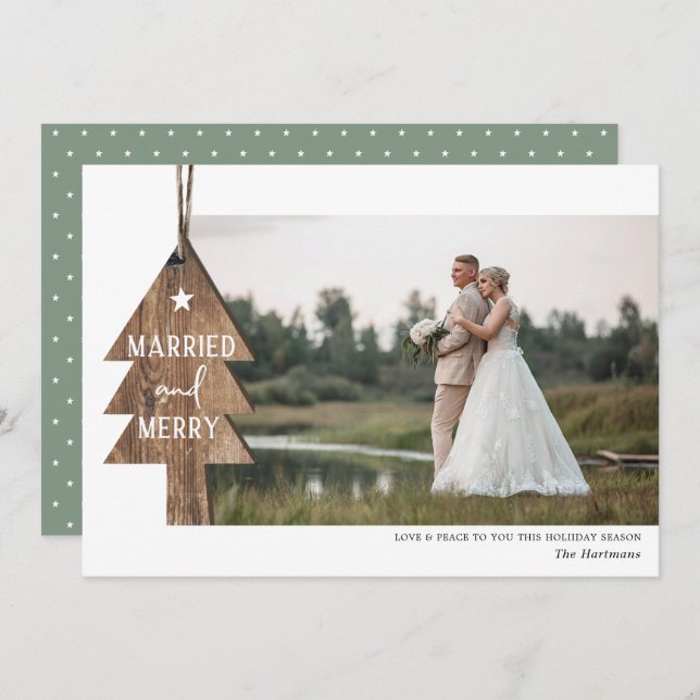 Rustic Wood Tree Ornament Married Christmas Photo Holiday Card (Front/Back)