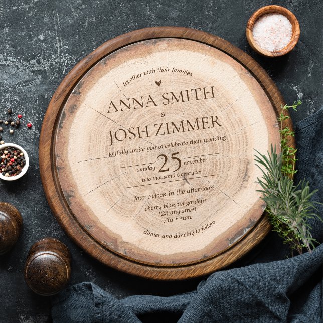 Rustic Wood Tree Stump Cross-Section Barn Wedding Invitation (Wood Stump Rustic Wedding |nvitation)